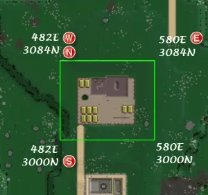 Satellite map view with a green rectangle marking a base, its west, east, north, and south boundary coordinates labeled 482E/580E and 3084N/3000N