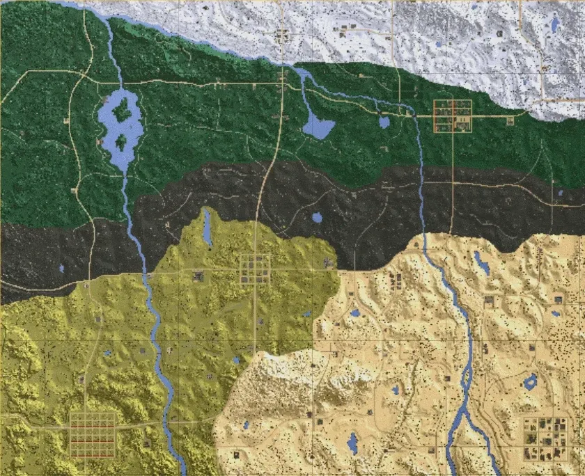 Animated map of a world with biomes, zoomed in on a section of region tiles