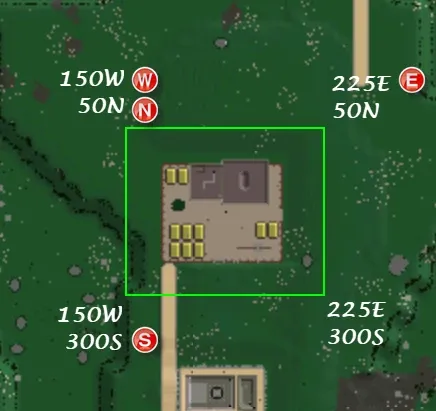 Satellite map view with a green rectangle around a base, boundary coordinates labeled 150W/225E and 50N/300S