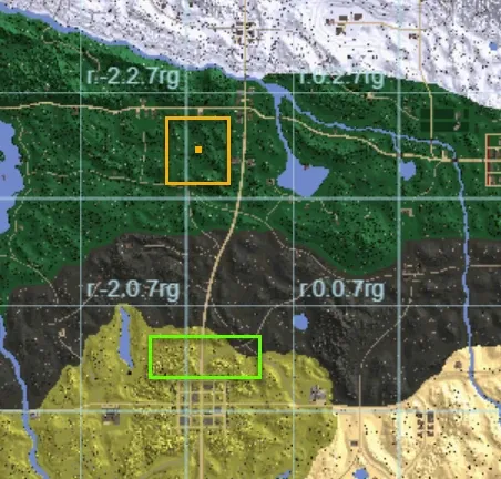 Region grid with an orange square marking a land claim block’s protection radius over regions r.-2.2.7rg and r.-2.0.7rg, and a green rectangle marking an advanced claim spanning r.-2.0.7rg and r.0.0.7rg