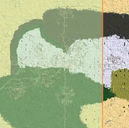 Island map split by a vertical orange line at the PVE/PVP border, with the western half shaded in cooler tones and the eastern half in warmer tones