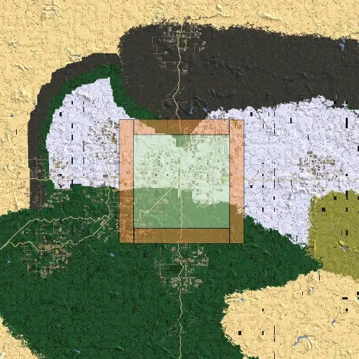Island map with a square PVE zone in the center, surrounded by a thin orange DMZ border and PVP territory beyond it