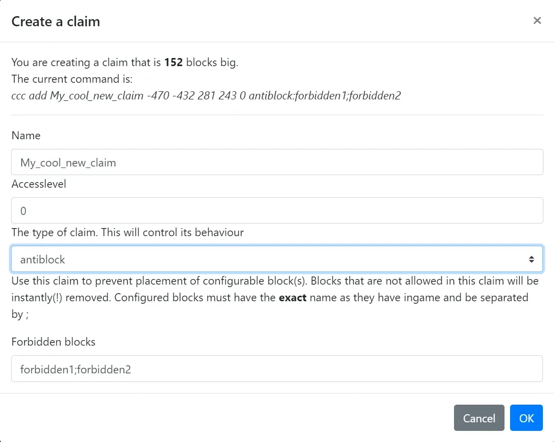 Create a claim dialog with the antiblock claim type selected, showing the forbidden blocks field