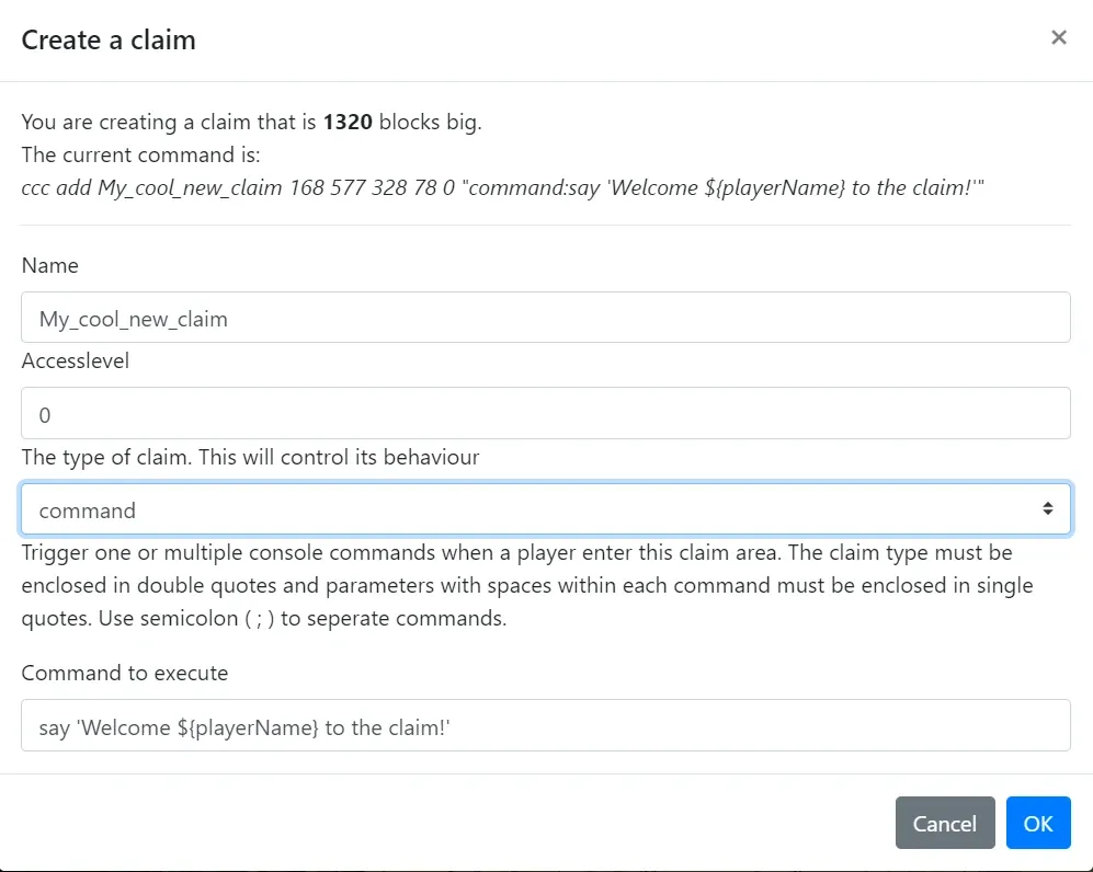 Create a claim dialog with the command claim type selected, showing the command to execute field