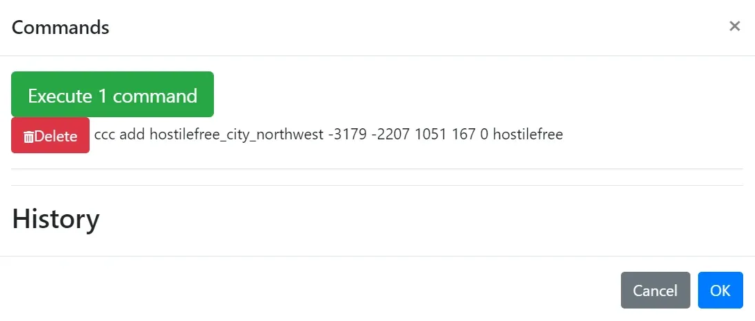 Commands dialog listing the pending ccc add command with Execute and Delete buttons, plus a History section