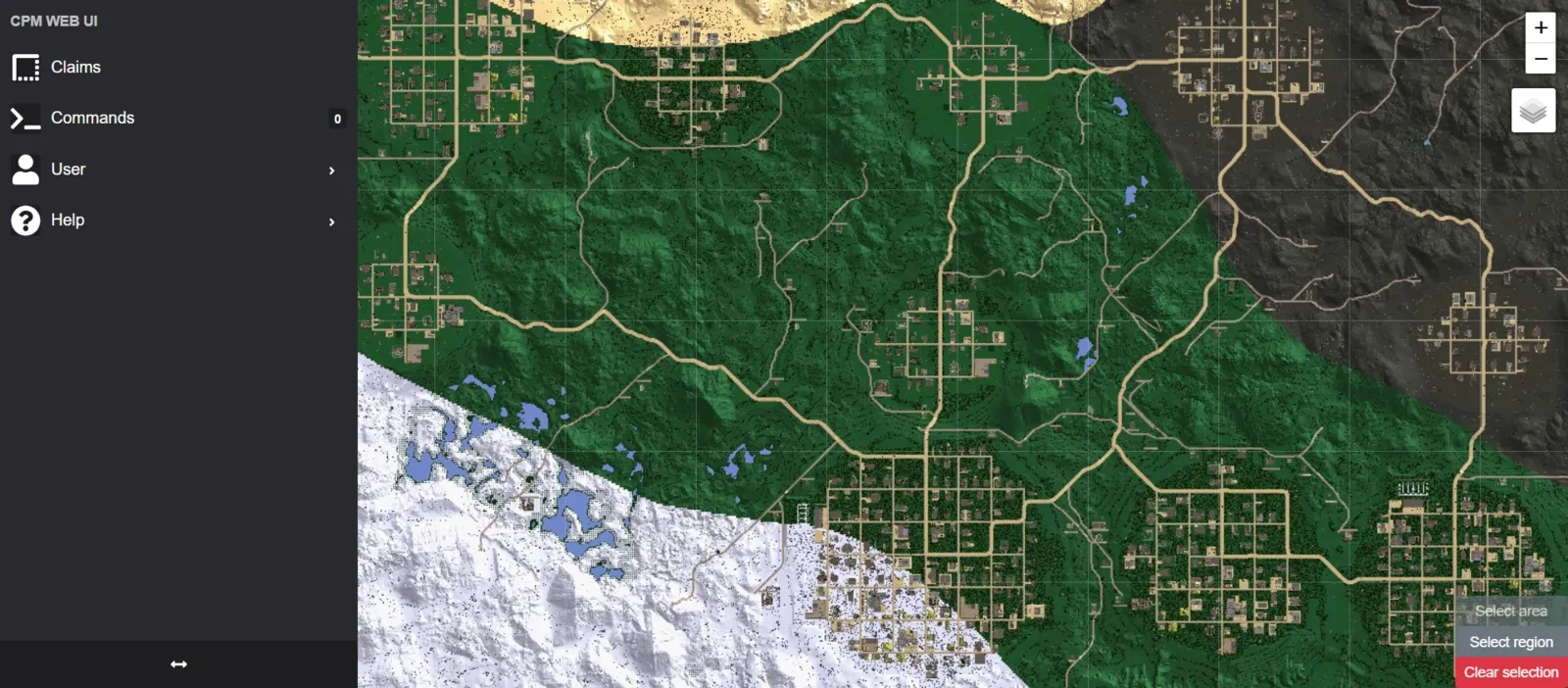 Allocs webmap view of the ClaimCreator web UI showing the in-game world map with roads, towns and biomes