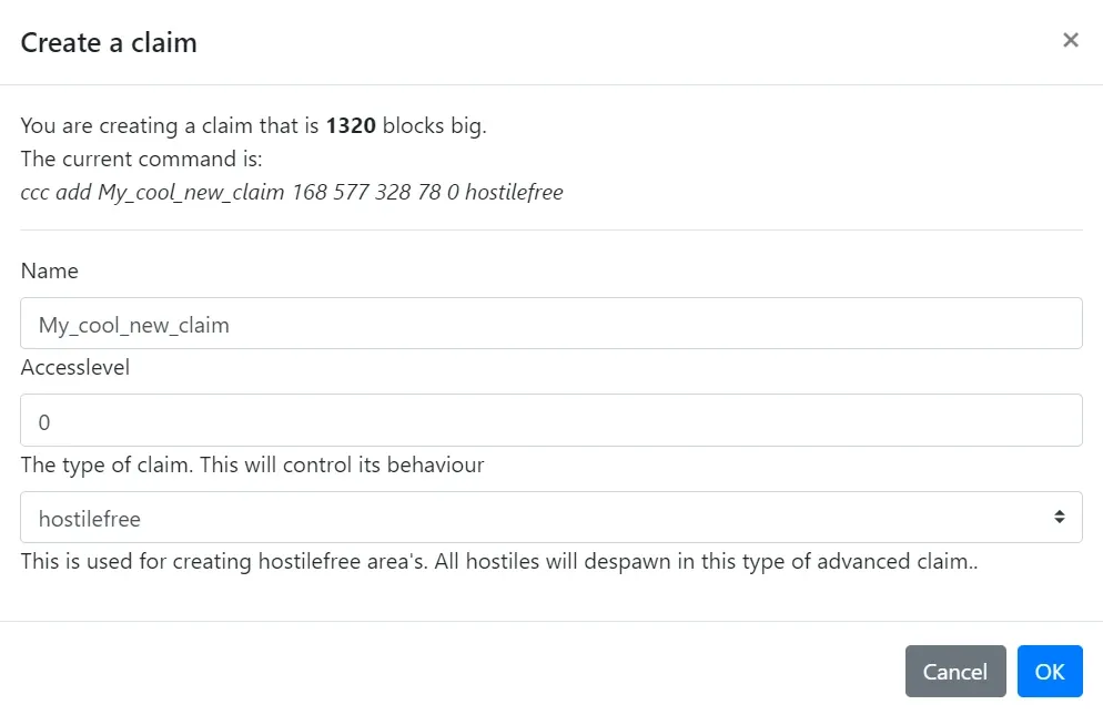 Create a claim dialog with the hostilefree claim type selected, showing its description and generated command