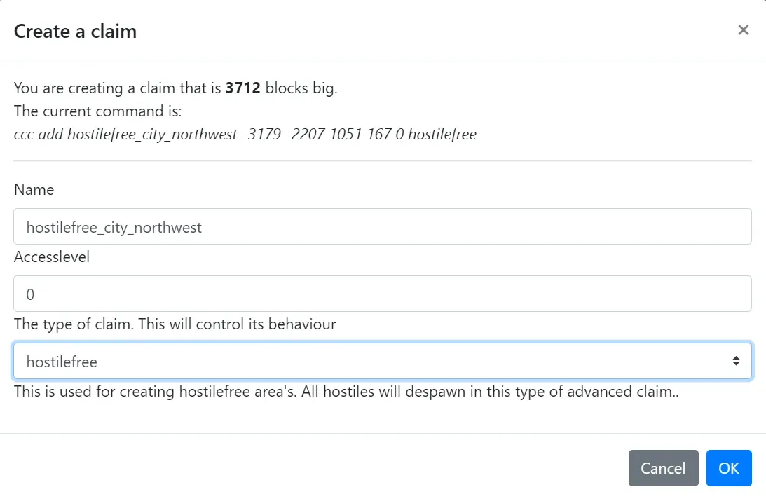 Create a claim dialog with the hostilefree claim type selected, showing its description and generated command