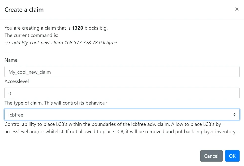 Create a claim dialog with the lcbfree claim type selected and its description shown
