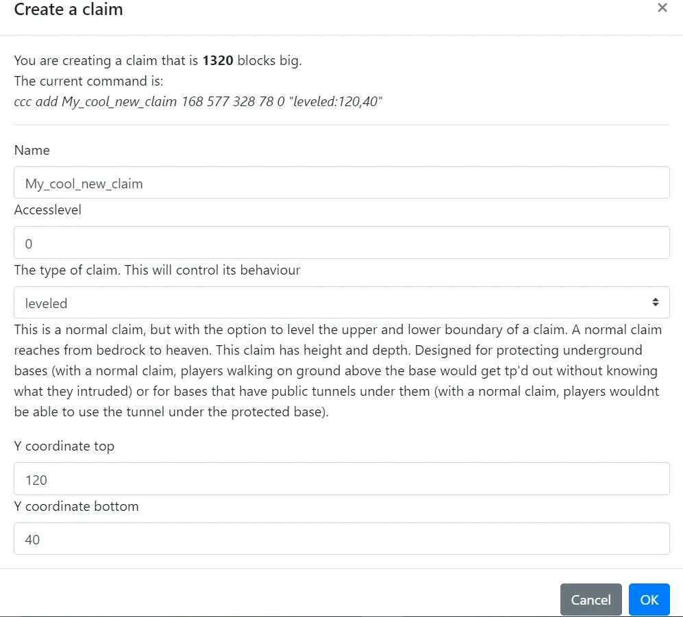 Create a claim dialog with the leveled claim type selected, showing Y coordinate top and bottom fields