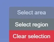Selection mode buttons in the bottom right of the map: Select area, Select region, and Clear selection