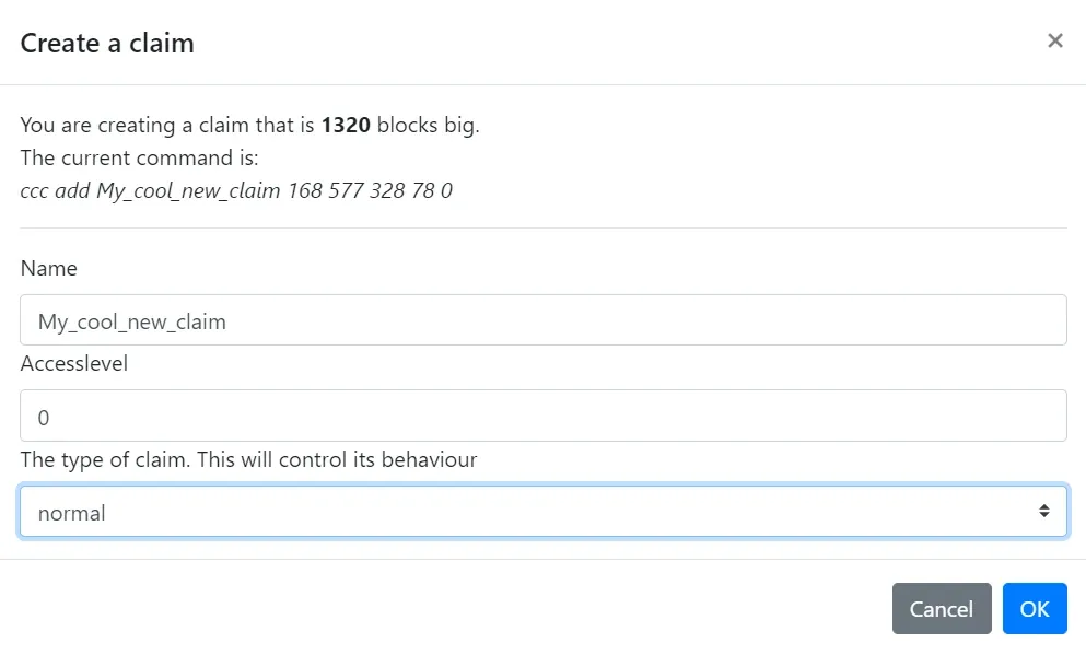 Create a claim dialog with the normal claim type selected