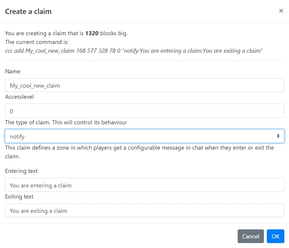 Create a claim dialog with the notify claim type selected, showing entering and exiting text fields