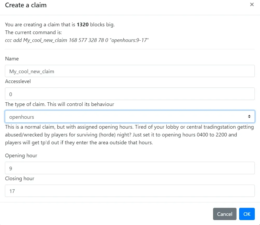 Create a claim dialog with the openhours claim type selected, showing opening and closing hour fields