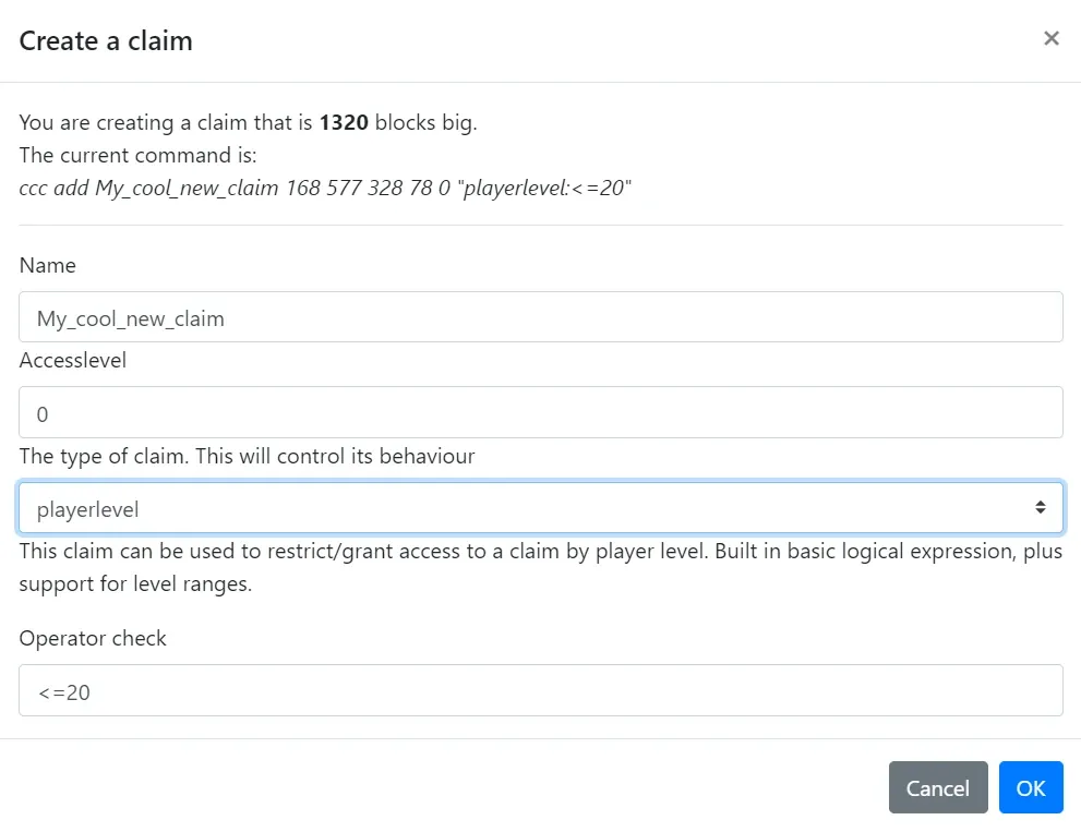 Create a claim dialog with the playerlevel claim type selected, showing the operator check field