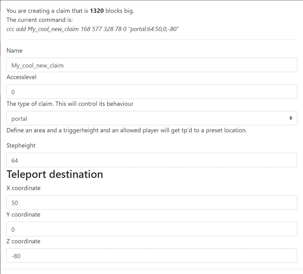 Create a claim dialog with the portal claim type selected, showing step height and teleport destination coordinate fields
