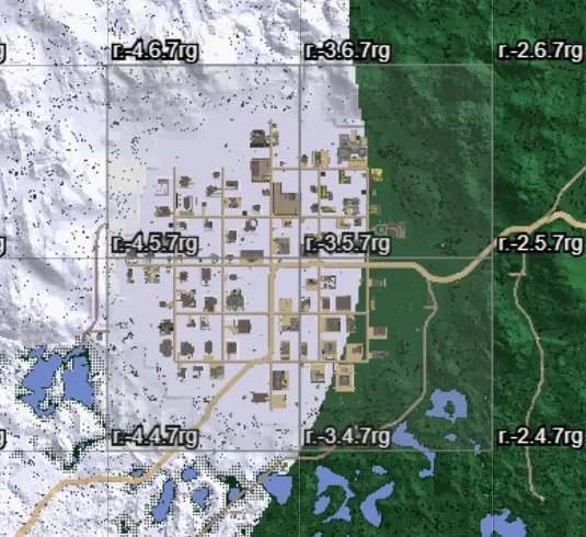 Map view with the region grid overlay visible, showing region coordinates such as r.-3.6.7rg