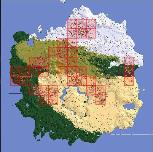 Full island map with numerous city zones outlined in red, marking them for reset