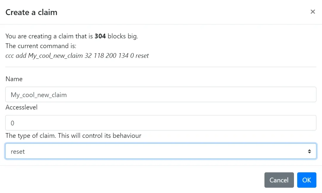 Create a claim dialog with the reset claim type selected