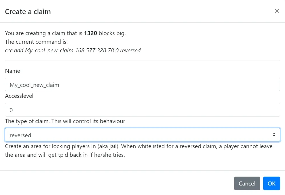 Create a claim dialog with the reversed claim type selected and its description shown