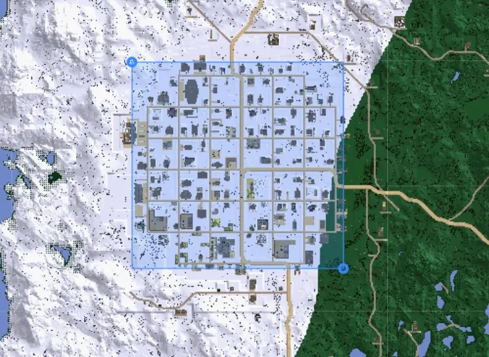 A rectangular area drawn on the map, highlighted in blue, covering a town