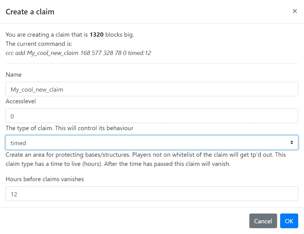 Create a claim dialog with the timed claim type selected, showing the hours before claim vanishes field